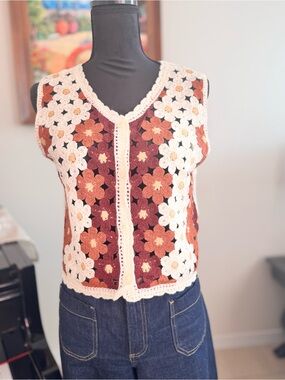 Crochet Floral Vest Tank Top in Cream and Rust